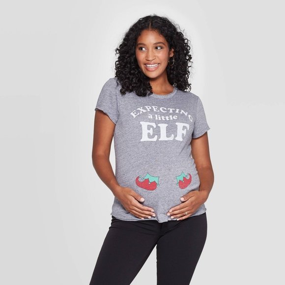 NEW! Maternity Expecting a Little Elf Gray T-Shirt - Picture 1 of 3